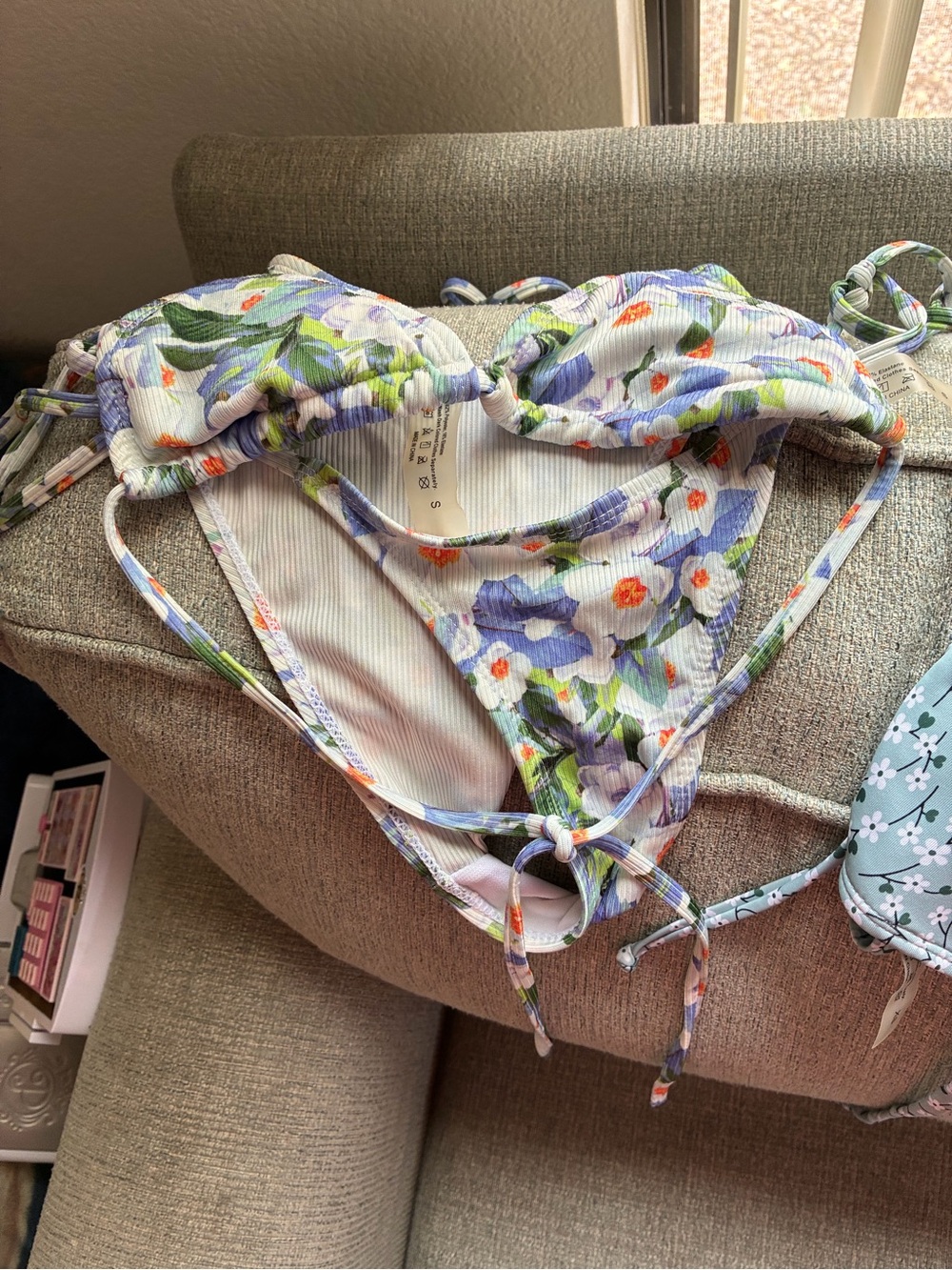 Source Unknown Floral Triangle Bikini Set in White, Lavender, Green, Orange